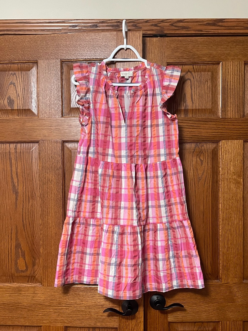 LOFT Plaid Tiered Flutter Sleeve Dress - Size M